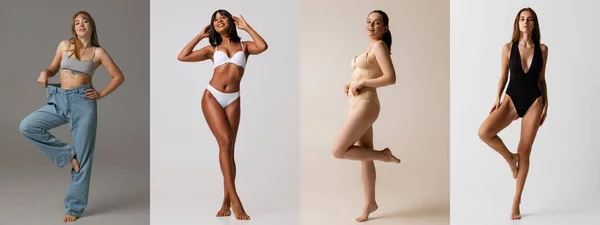 Retratos completos de mujeres jóvenes posando aisladas sobre fondo gris. Concepto de positividad corporal y pérdida de peso —  Fotos de Stock