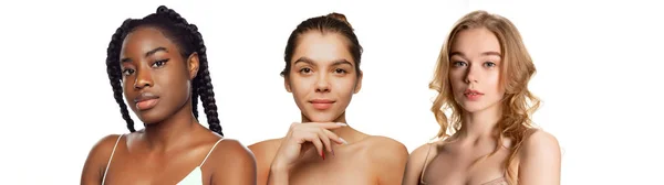 Set di ritratti di giovani belle donne con trucco nudo e pelle liscia perfetta posa isolata su sfondo bianco — Foto Stock