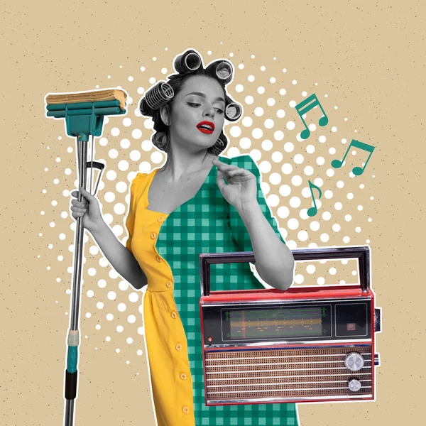 Diseño creativo. collage de arte contemporáneo con hermosa mujer en rulos de pelo, celebración moderna fregona de piso y radio retro conjunto — Foto de Stock