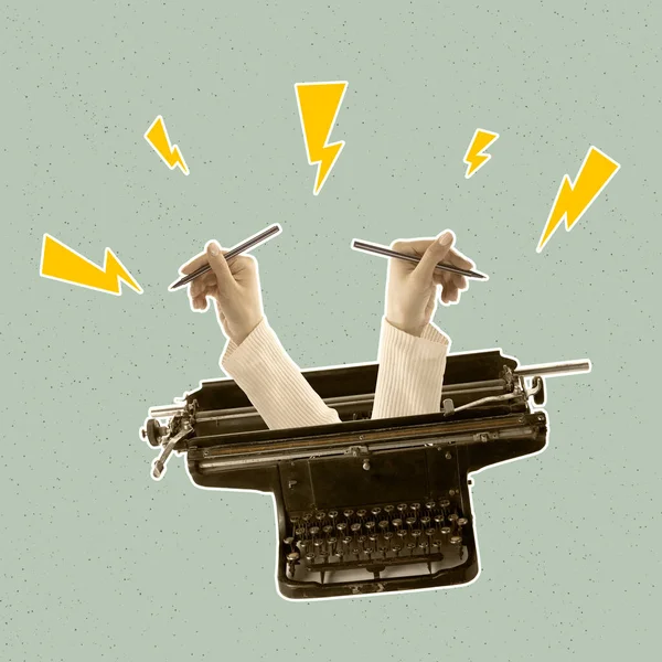 Contemporray art collage. Vintage design. Two hands sticking out retro typewriter, creating text, story — Stock Photo, Image