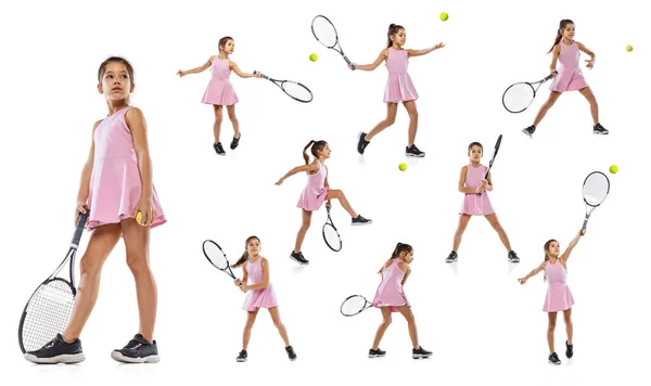 Set of portraits of little girl, child practising tennis, training isolated over white studio background. Healthy lifestyle, fitness, sport, exercise concept. — Stock Photo, Image