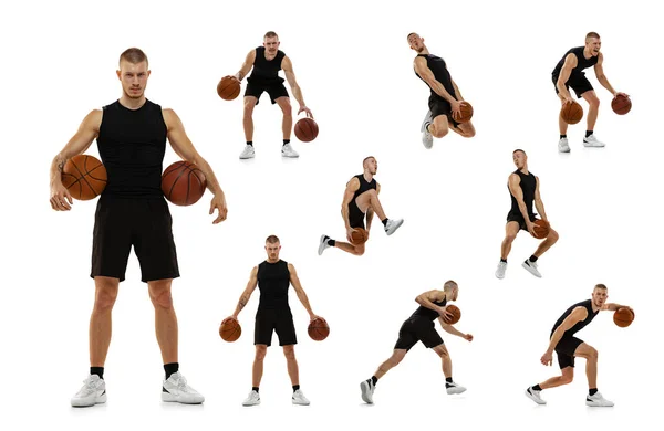 Conjunto de retratos dinâmicos de jogador de basquete profissional jovem em movimento, treinamento isolado sobre fundo estúdio branco — Fotografia de Stock