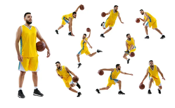 Набор динамических портретов профессиональной подготовки баскетболиста, практикующихся на белом фоне студии — стоковое фото
