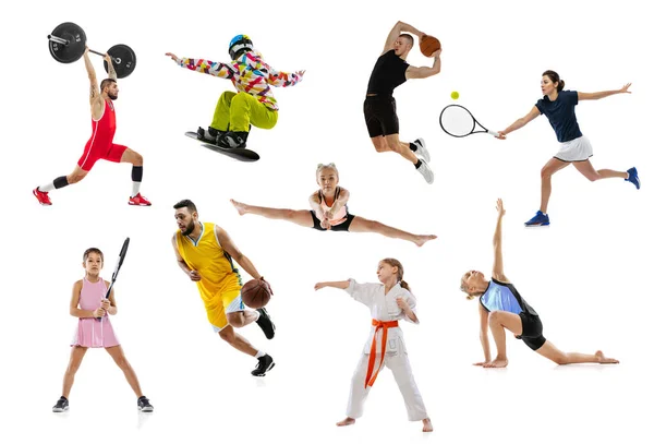 Conjunto de retratos de jóvenes y niños haciendo diferentes deportes, entrenamiento aislado sobre fondo blanco del estudio — Foto de Stock