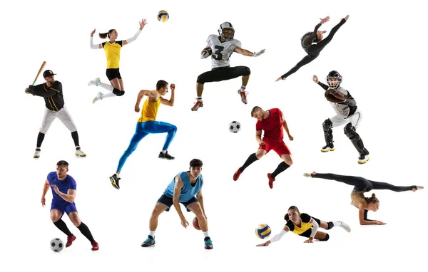 Dynamische Porträts von jungen Menschen und Kindern, die verschiedene Sportarten ausüben, Training isoliert über weißem Studiohintergrund. — Stockfoto