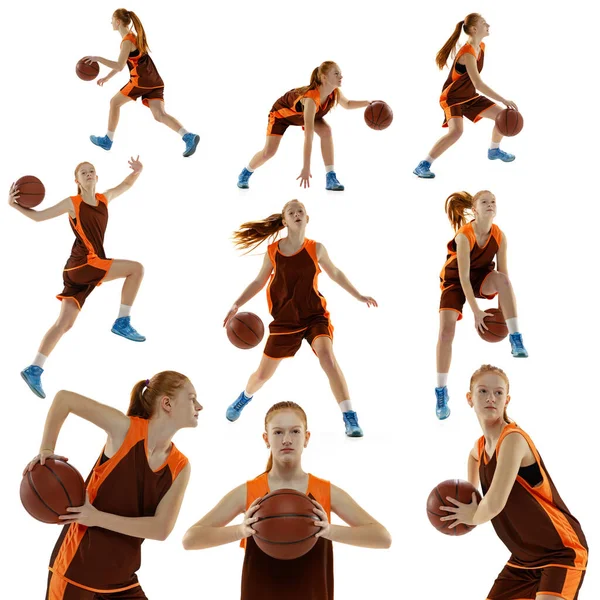 Sportif genç kız portreleri, genç kız eğitimi, beyaz stüdyo arka planında izole edilmiş basketbol oyunları. — Stok fotoğraf