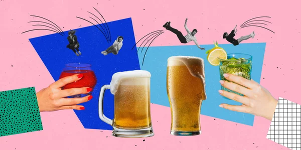 Contemporary art collage. Young people jumping into alcohol cocktails and beer glasses isolated over pink and blue background — ストック写真