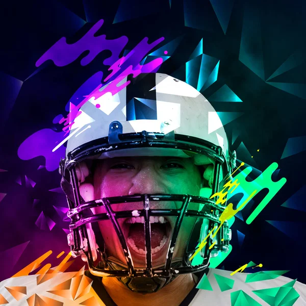 Cartaz brilhante com jogador de futebol americano em capacete esportivo gritando isolado em fundo escuro com elementos de néon poligonais e fluidos. Arte, criatividade, desporto — Fotografia de Stock
