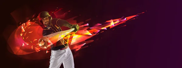 Kunstwerke, Plakate oder Flyer. Ein professioneller Baseballspieler in Bewegung und Aktion mit Schläger isoliert auf dunklem Hintergrund mit polygonalen und flüssigen neonfarbenen Elementen — Stockfoto