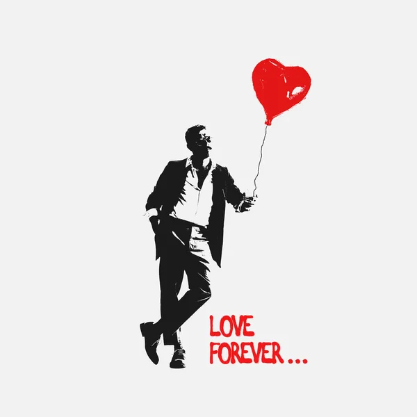 Koláž současného umění. Stylový a brutální muž se vzduchovým balónem ve tvaru srdce izolovaným na šedém pozadí. Romantická osoba — Stock fotografie