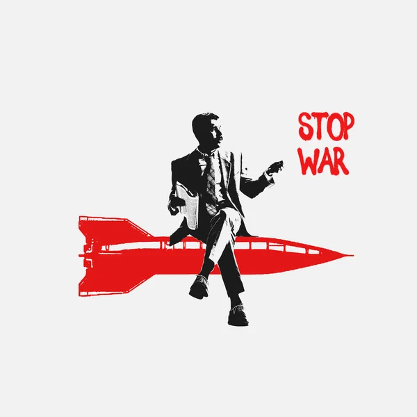 Collage de arte contemporáneo. Hombre de traje oficial con periódico sentado en un cohete y afirmando detener la guerra. Concepto de paz —  Fotos de Stock