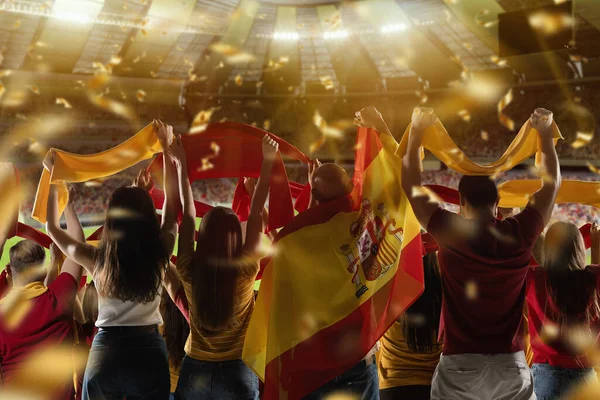 Tylny widok piłki nożnej, kibice kibicują drużynie flagami stanowymi i szalikami na zatłoczonym stadionie w godzinach wieczornych. Koncepcja sportu. Efekt nieostry — Zdjęcie stockowe