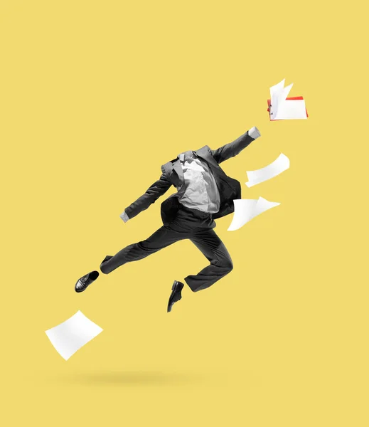 Contemporary art collage with invisible man, ballet dancer wearing business style suit jumping, dancing on yellow background. Concept of fashion, style, creativity — Stock Photo, Image