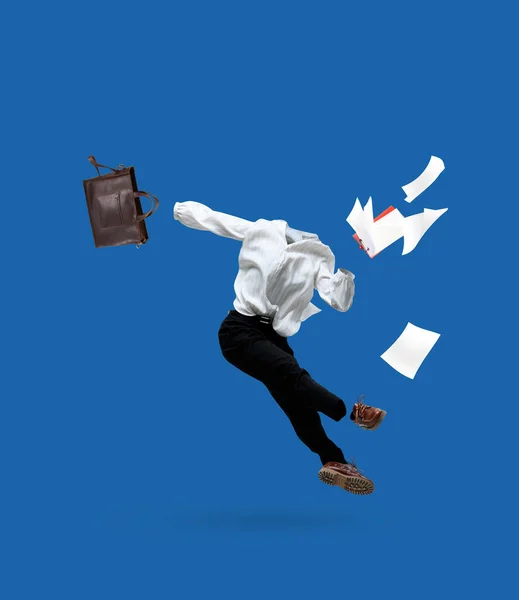 Contemporary art collage with invisible girl, office clerk wearing modern business style outfit jumping on dark blue background. Concept of fashion, style, creativity — Photo