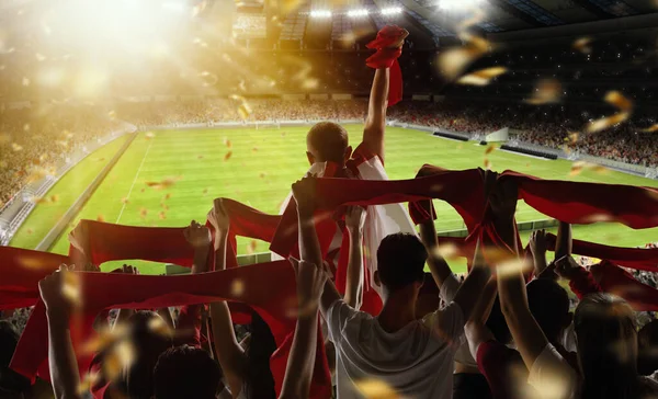 Rear view of football, soccer fans cheering their team with scarfs at crowded stadium at evening time. Concept of sport, support, competition. Out of focus effect — Photo