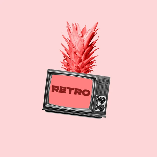 Contemporary art collage. Retro TV set with pineapple piece isolated over pink background — стоковое фото