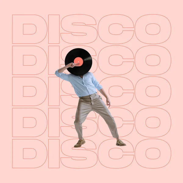 Contemporary art collage. Stylish man wwith retro vinyl record danicng isolated over light peach background — Stock Photo, Image