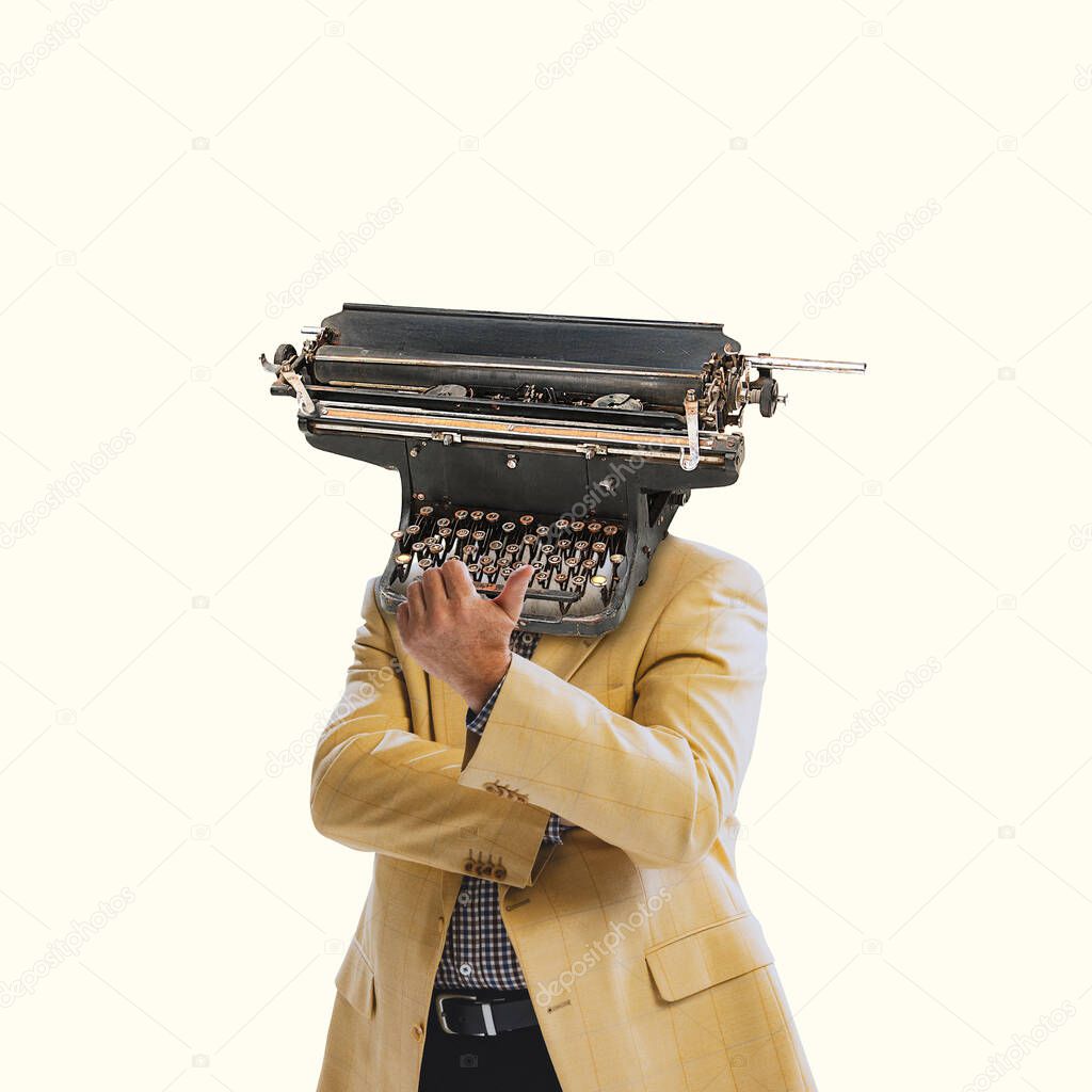 Contemporary art collage. Man in stylish jacket with retro typewriter isolated over yellow background