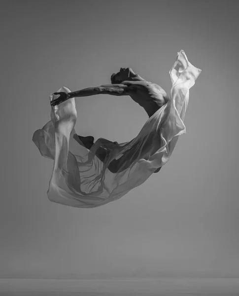 Flyg. Svart och vitt porträtt av graciös muskulös manlig balett dansare dansar med tyg, tyg isolerad på grå studio bakgrund. Grace, konst, skönhetskoncept. Viktlös, flexibel. — Stockfoto