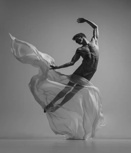 Hoffnung. Schwarz-weißes Porträt eines anmutigen, muskulösen männlichen Balletttänzers, der mit Stoff tanzt, Stoff isoliert auf grauem Studiohintergrund. Anmut, Kunst, Schönheitskonzept. Schwerelos, flexibel. — Stockfoto