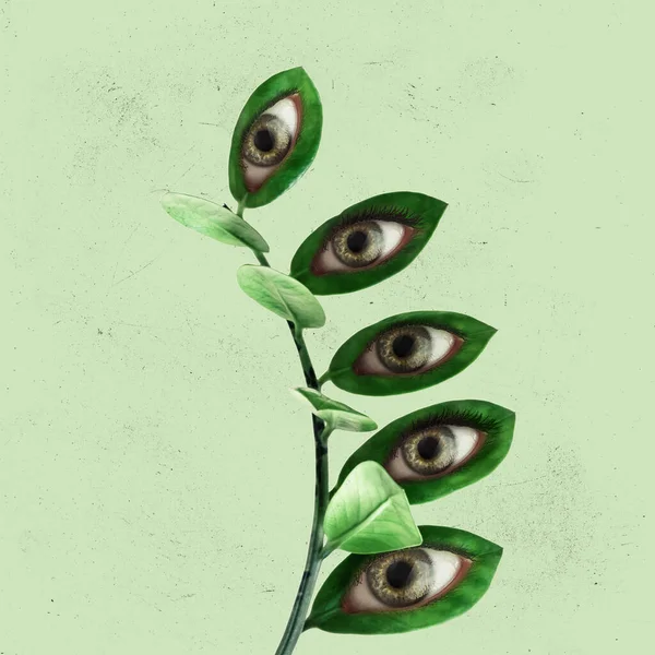 Contemporary art collage with flowers with an eyes inside it on light background. Modern design. Creative conceptual and colorful poster. Beauty, art, vision — 스톡 사진