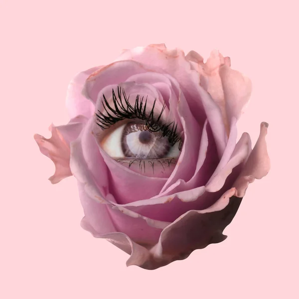 Květ čajové růže s okem uvnitř na růžovém pozadí. Moderní design. Současné umění. Tvůrčí konceptuální a barevná koláž. Krása, umění, vize — Stock fotografie
