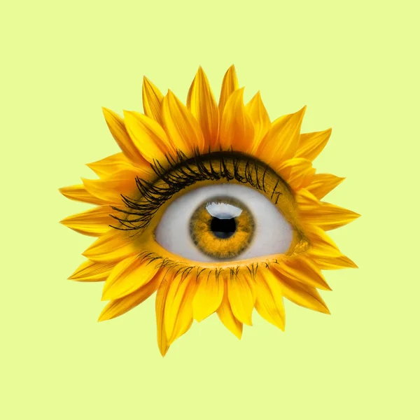 Flor de camomila amarela com um olho dentro dele em fundo brilhante. Design moderno. Arte contemporânea. Colagem criativa. Beleza, arte, visão, moda — Fotografia de Stock