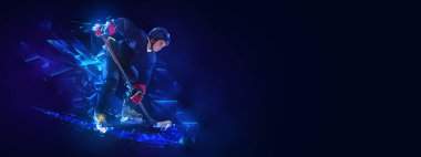 Küçük bir çocuğun portresi olan el ilanı, spor ekipmanlarında hokey oynayan, arka planda çokgen ve sıvı neon elementlerle hokey oynayan. Sanat, yaratıcılık, spor