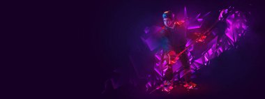 Küçük bir çocuğun portresi olan el ilanı, spor ekipmanlarında hokey oynayan, arka planda çokgen ve sıvı neon elementlerle hokey oynayan. Sanat, yaratıcılık, spor