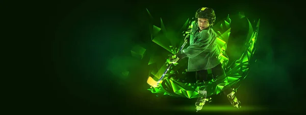 Flyer with portrait of little boy, hockey player in sports equipment playing hockey on dark background with polygonal and fluid neon elements. Art, creativity, sport —  Fotos de Stock