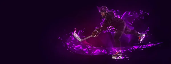 Fiatalember, profi jégkorong játékos védő egyenruhában, sötét háttér poligonális, folyékony neon elemeken. A sport fogalma — Stock Fotó
