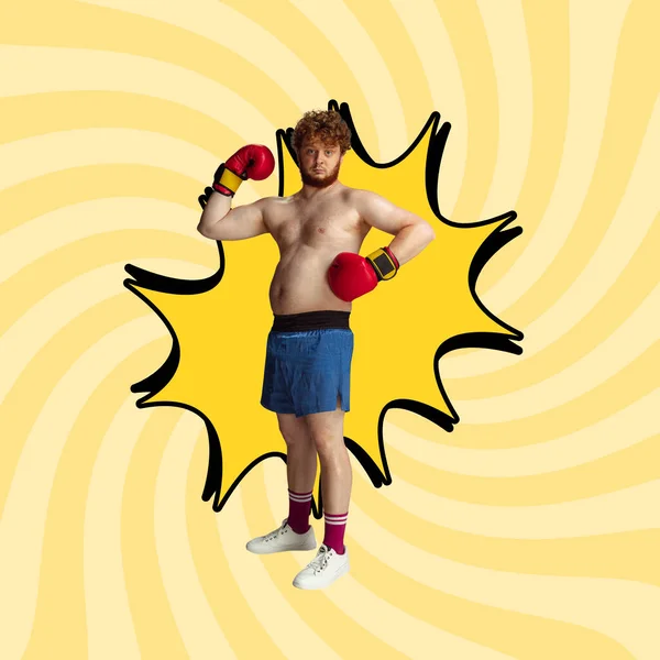 Contemporary art collage. Funny man standing in red boxing gloves isolated over yellow cartoon background — 스톡 사진