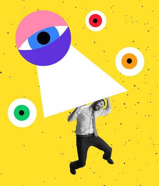 Contemporary art collage. Businessman standing under pressure of many eyes makng influence isolated over yellow background —  Fotos de Stock