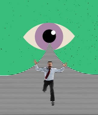 Çağdaş sanat kolajı. Etkiden kaçan iş adamı yeşil arkaplanda izole edildi.