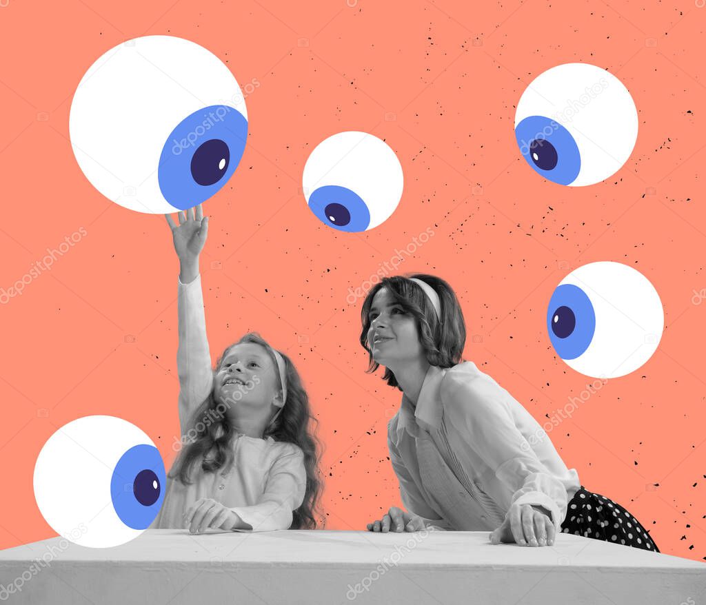 Contemporary art collage. Mother and little daughter sitting under many eyes drawings isolated over peach background. Social influence