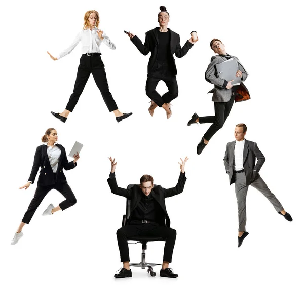 Young office workers jumping and dancing in busness style clothes or suit with folders and gadgets on white background. Creative collage. — 스톡 사진