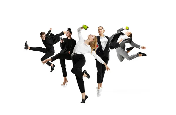 Young office workers dancing in busness style clothes or suit with coffee and gadgets on white background. Creative collage. — 스톡 사진