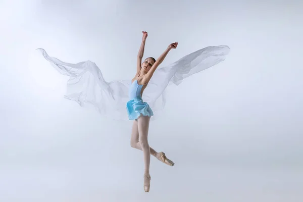 One young girl, aspiring ballerina in blue dress and pointes dancing with cloth isolated on gray background. Art, grace, beauty, ballet school concept — Photo