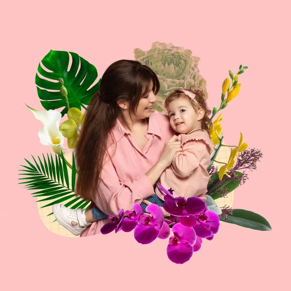 Contemporary art design for greeting card for Mothers day. Young woman and little girl, mother and daughter isolated on pink floral background. — Photo