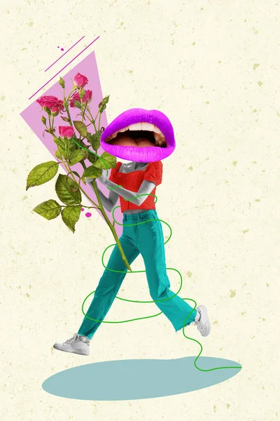 Colagem de arte contemporânea. Menina encabeçada de boca feminina correndo com flores isoladas em fundo claro. Conceito de verão, férias, beleza, arte. Surrealismo — Fotografia de Stock