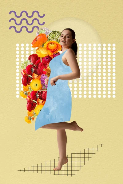 Composition with beautiful young cheerful girl with flowers dreaming isolated on light geometric and floral background. Design for greeting card — 스톡 사진