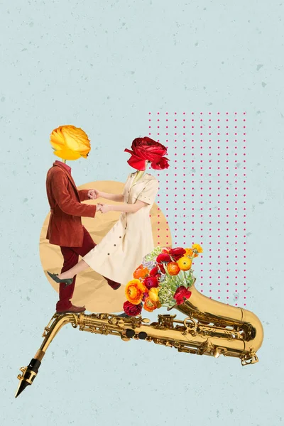 Contemporary art collage. Dancing couple in retro 70s, 80s styled clothes with flowers instead heads isolated over light background. Surrealism —  Fotos de Stock