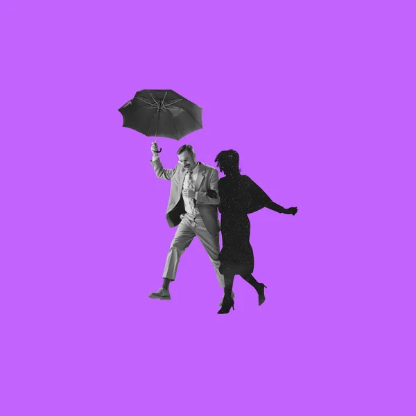 Contemporary art collage. Stylish man walking under umbrella with space silhouette of woman isolated over purple background — Stock Photo, Image