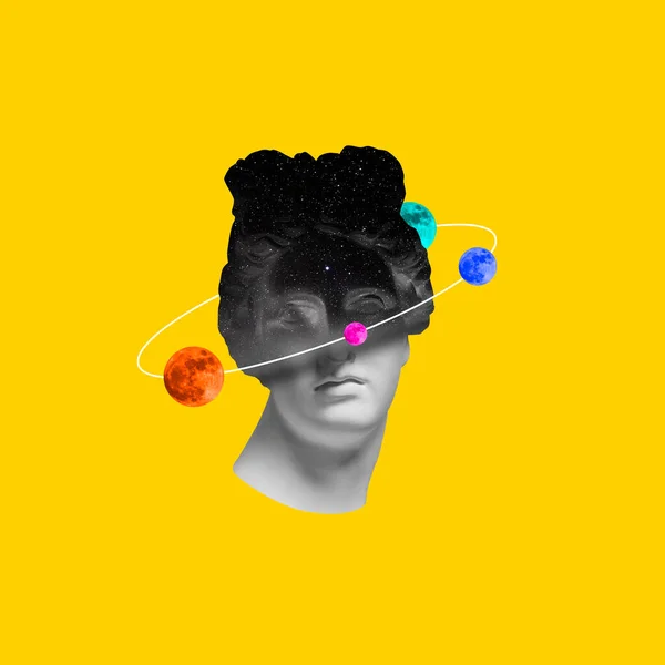Colagem de arte contemporânea. Busto de estátua antiga com planetas coloridos ao redor da cabeça isolados sobre fundo amarelo brilhante — Fotografia de Stock