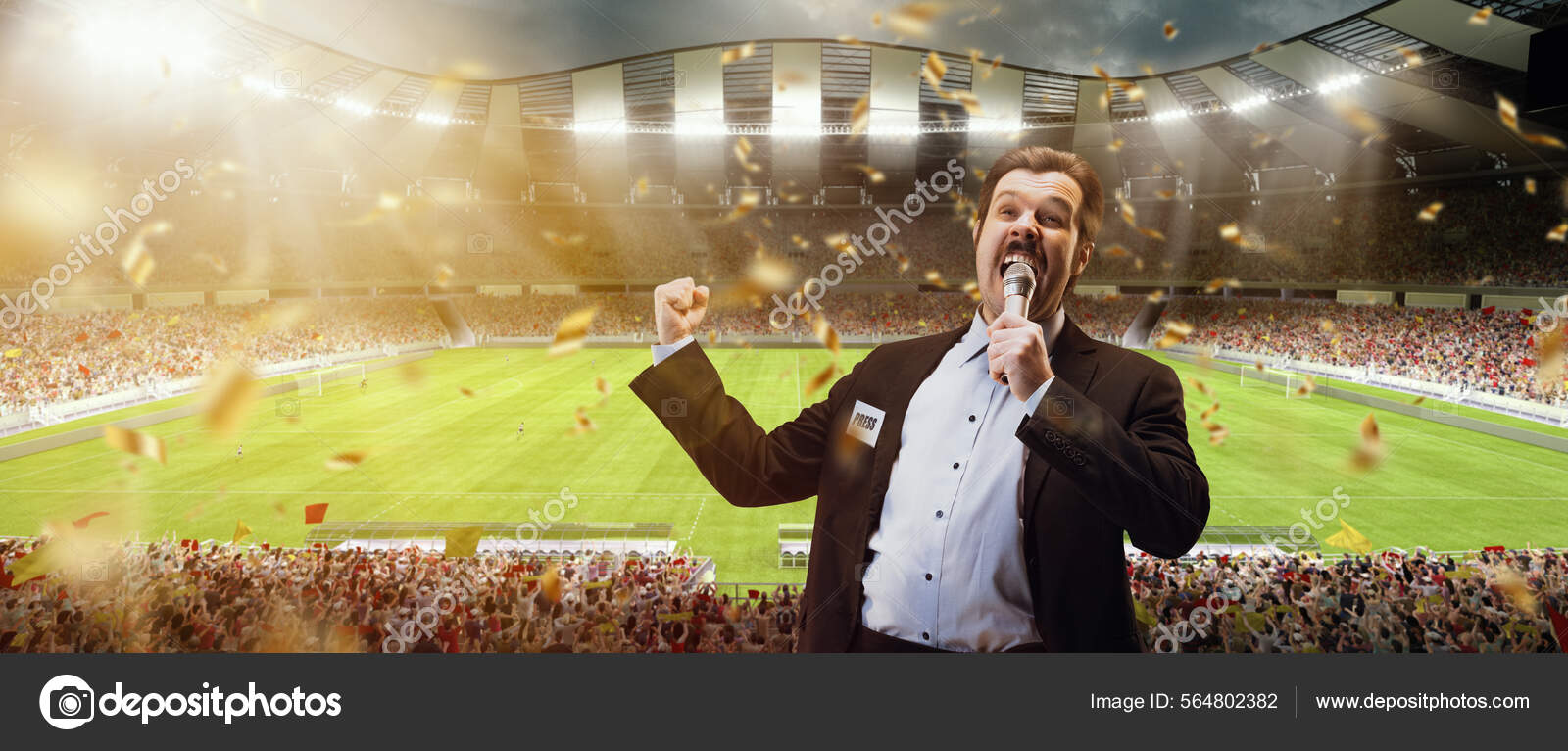 Proud man, professional sport commentator having online TV stream,  broadcasting football match isolated over stadium background Stock Photo -  Alamy