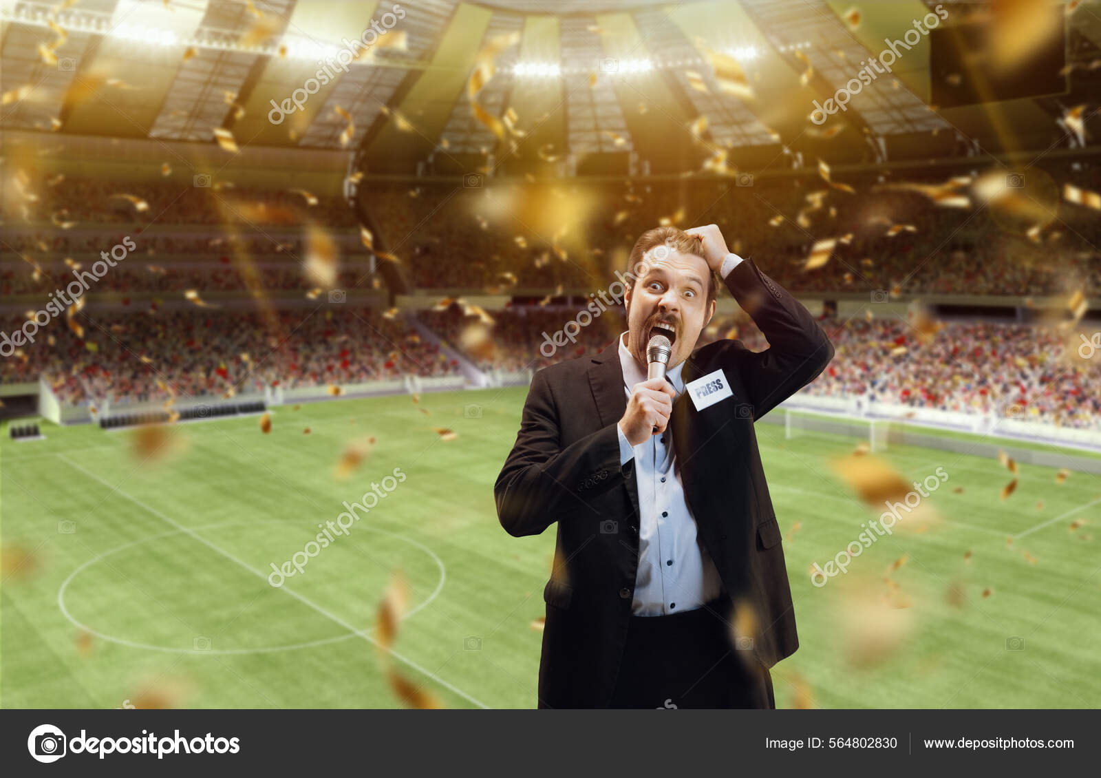Excited man, professional sport commentator having online broadcast of football match isolated over sport stadium background Stock Photo by ©vova130555@gmail 564802830