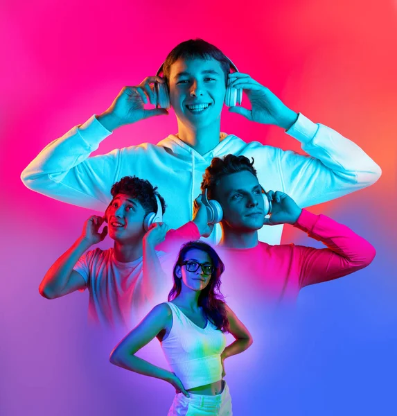 Composite image of young emotional people, boys and girls on multicolored background in neon. Concept of emotions, youth — 스톡 사진