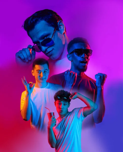 Image composite de jeunes hommes beaux émotionnels sur fond multicolore au néon. Concept d'émotions, de jeunesse — Photo