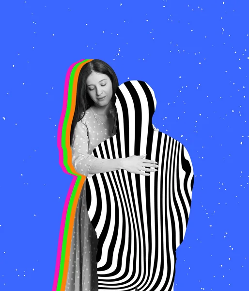 Collage d'arte contemporanea. Giovane donna teneramente abbracciato silhouette di uomo, dandogli mentale bel supporto isolato su sfondo blu — Foto Stock