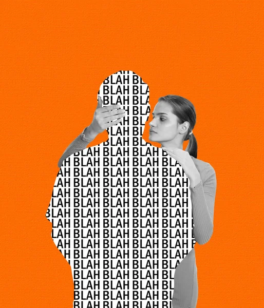 Collage de arte contemporáneo. Mujer joven abrazando silueta de hombre aislado sobre fondo naranja —  Fotos de Stock